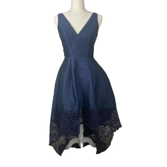 Monique Ihuiller high low gown dress navy blue elegant V neck lace detail US2 - Picture 11 of 15